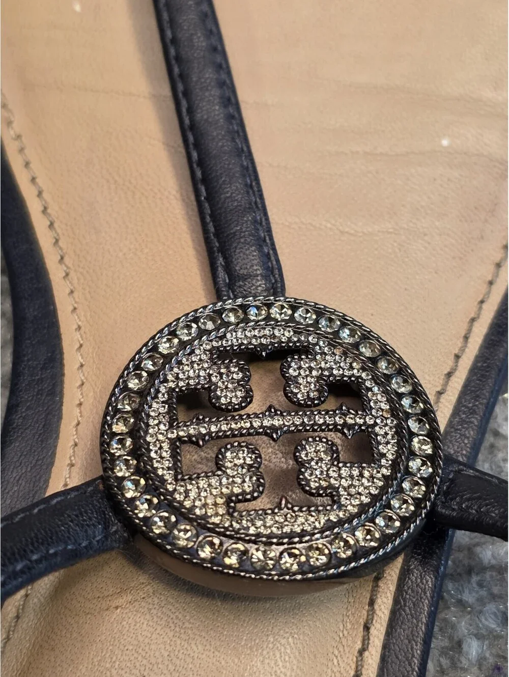 Tory Burch Liana Flat Embellished Thong Sandals Navy Blue Crystal Logo 8.5M